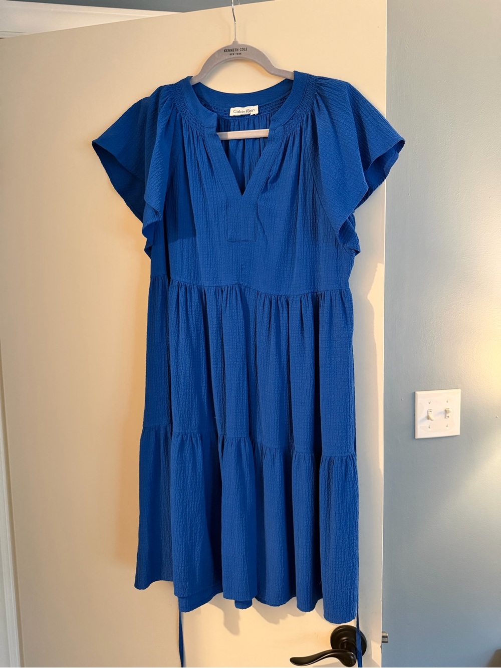 Blue Tiered Flutter Sleeve Dress by Calvin Klein